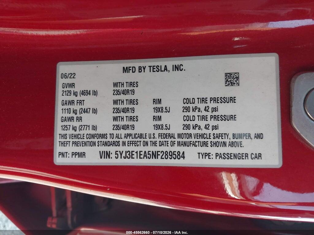5YJ3E1EA5NF289584 2022 TESLA MODEL 3 photo no. 9