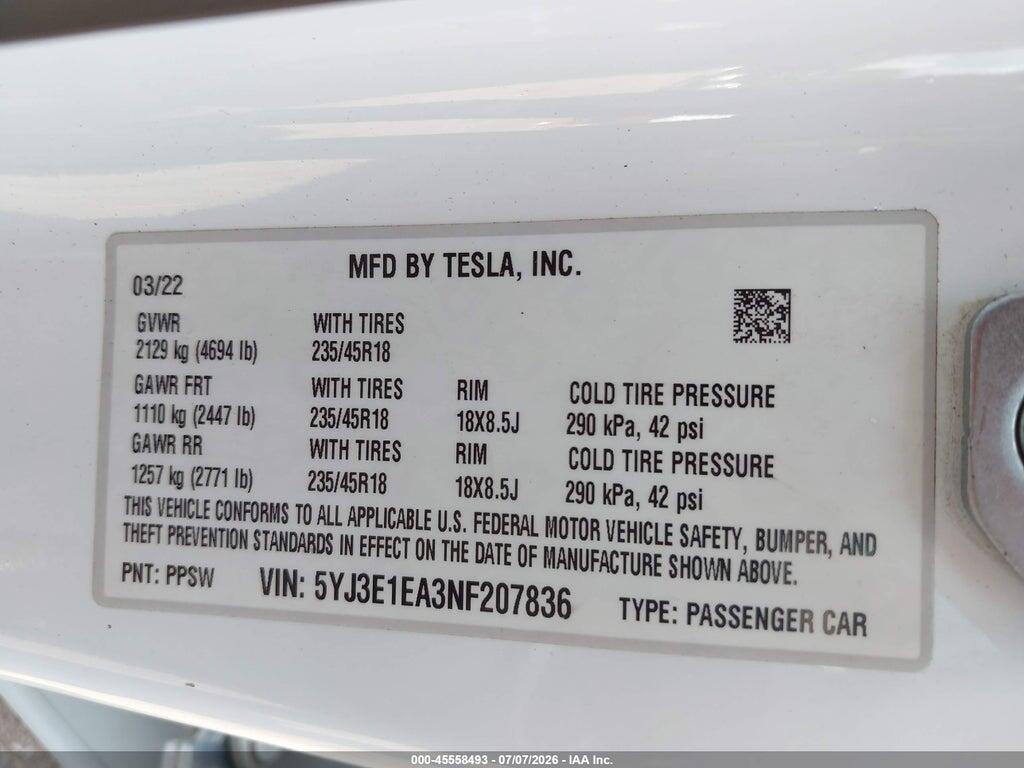 5YJ3E1EA3NF207836 2022 TESLA MODEL 3 photo no. 9
