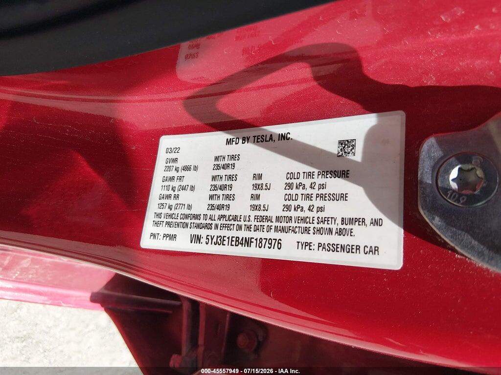 5YJ3E1EB4NF187976 2022 TESLA MODEL 3 photo no. 9
