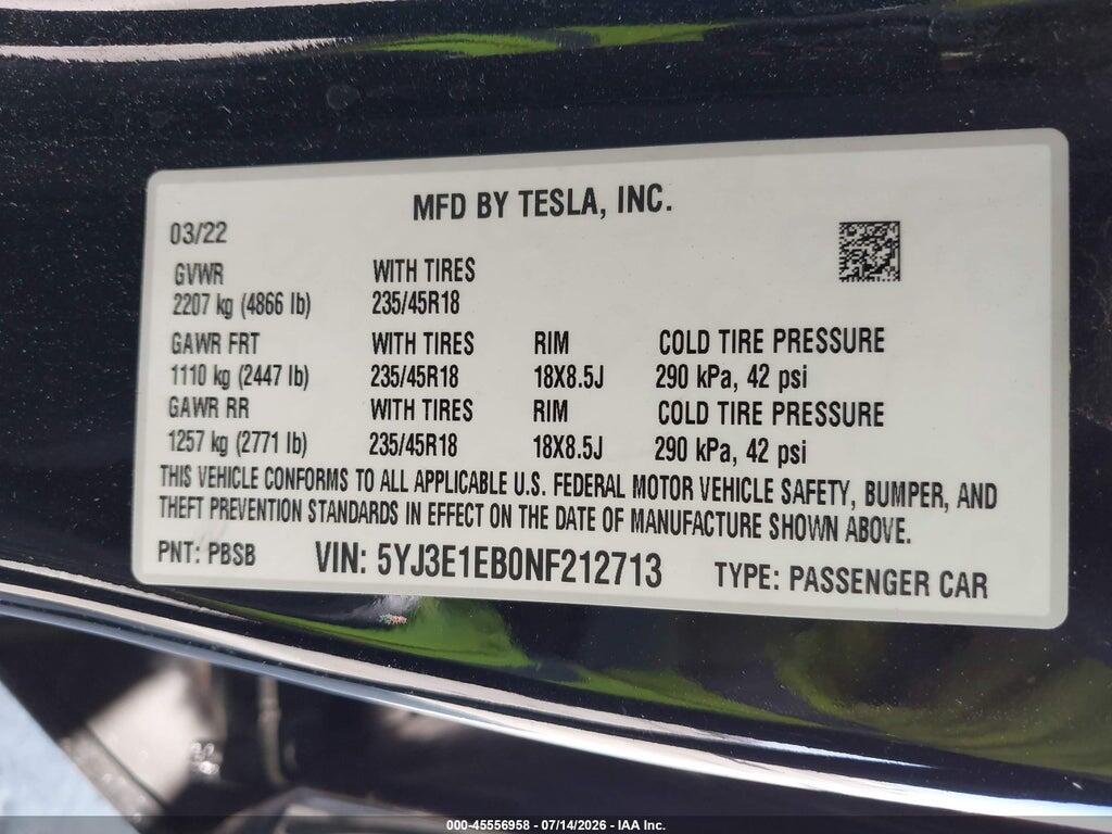 5YJ3E1EB0NF212713 2022 TESLA MODEL 3 photo no. 9
