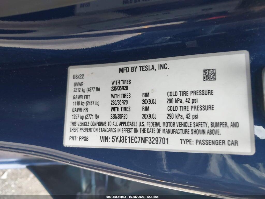 5YJ3E1EC7NF329701 2022 TESLA MODEL 3 photo no. 9