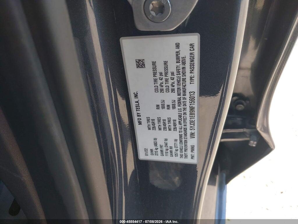 5YJ3E1EB9NF156013 2022 TESLA MODEL 3 photo no. 9