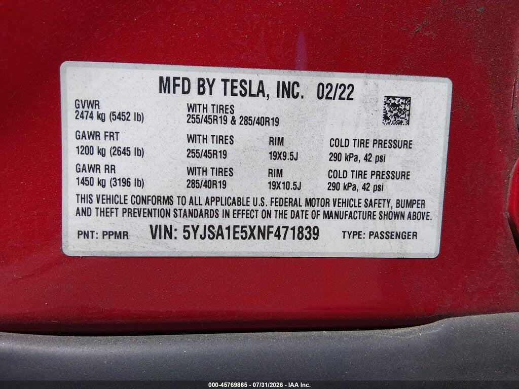 5YJSA1E5XNF471839 2022 TESLA MODEL S photo no. 9