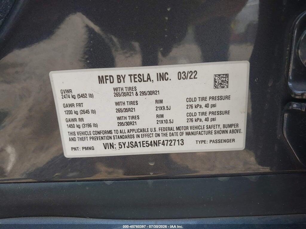 5YJSA1E54NF472713 2022 TESLA MODEL S photo no. 9