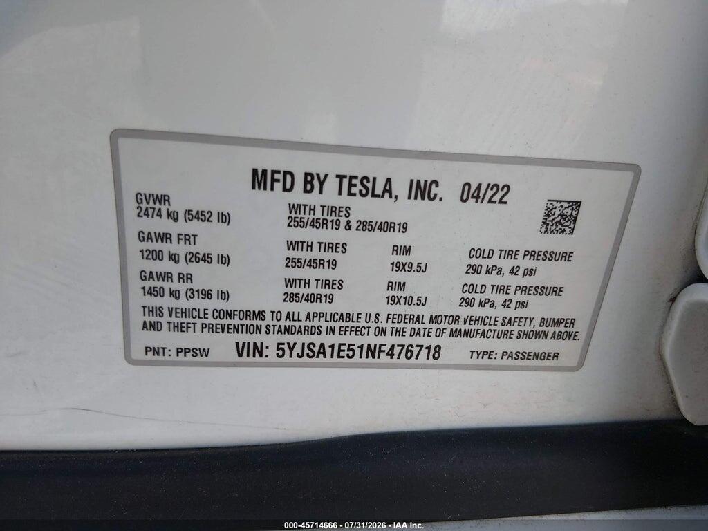 5YJSA1E51NF476718 2022 TESLA MODEL S photo no. 9