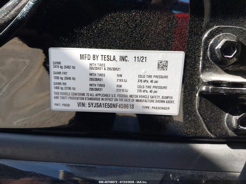 5YJSA1E50NF459618 2022 TESLA MODEL S photo no. 9