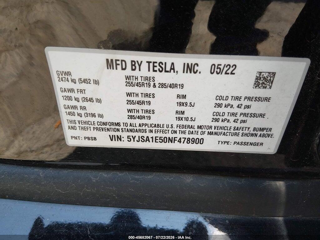 5YJSA1E50NF478900 2022 TESLA MODEL S photo no. 9