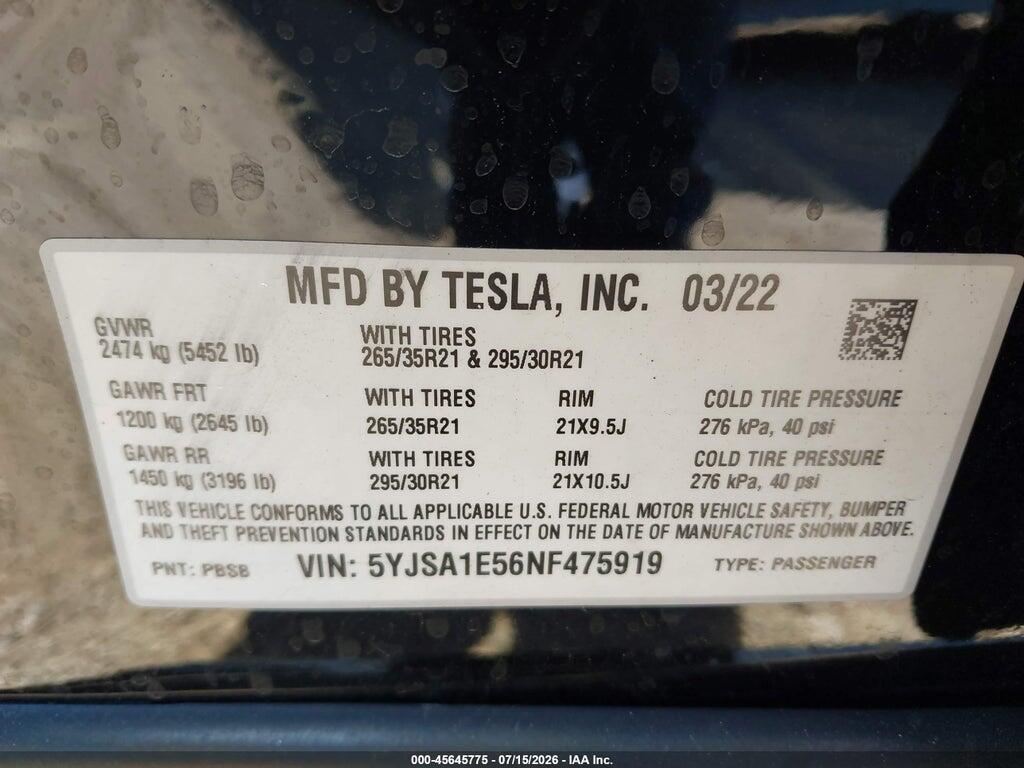 5YJSA1E56NF475919 2022 TESLA MODEL S photo no. 9