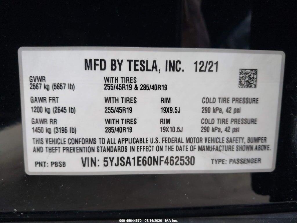 5YJSA1E60NF462530 2022 TESLA MODEL S photo no. 9