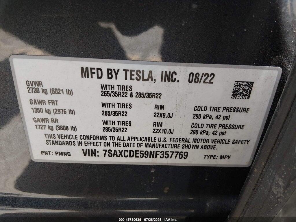 7SAXCDE59NF357769 2022 TESLA MODEL X photo no. 9