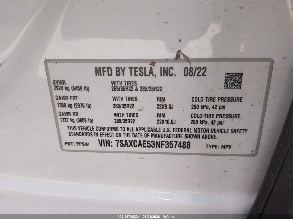 7SAXCAE53NF357488 2022 TESLA MODEL X photo no. 9