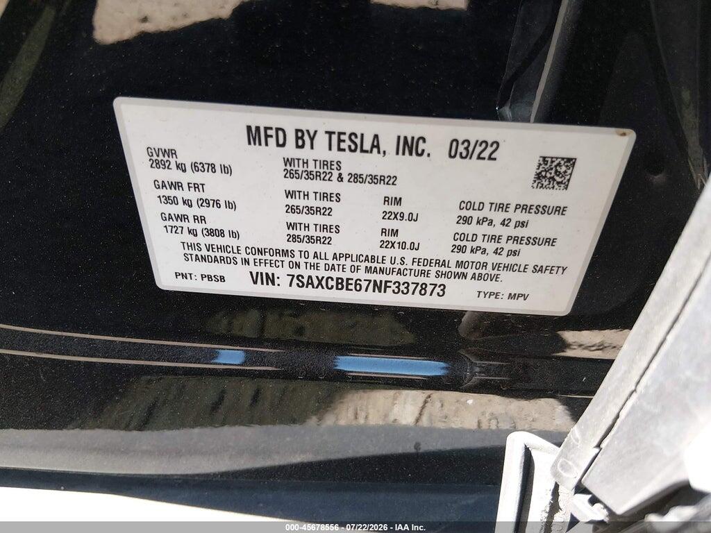 7SAXCBE67NF337873 2022 TESLA MODEL X photo no. 9