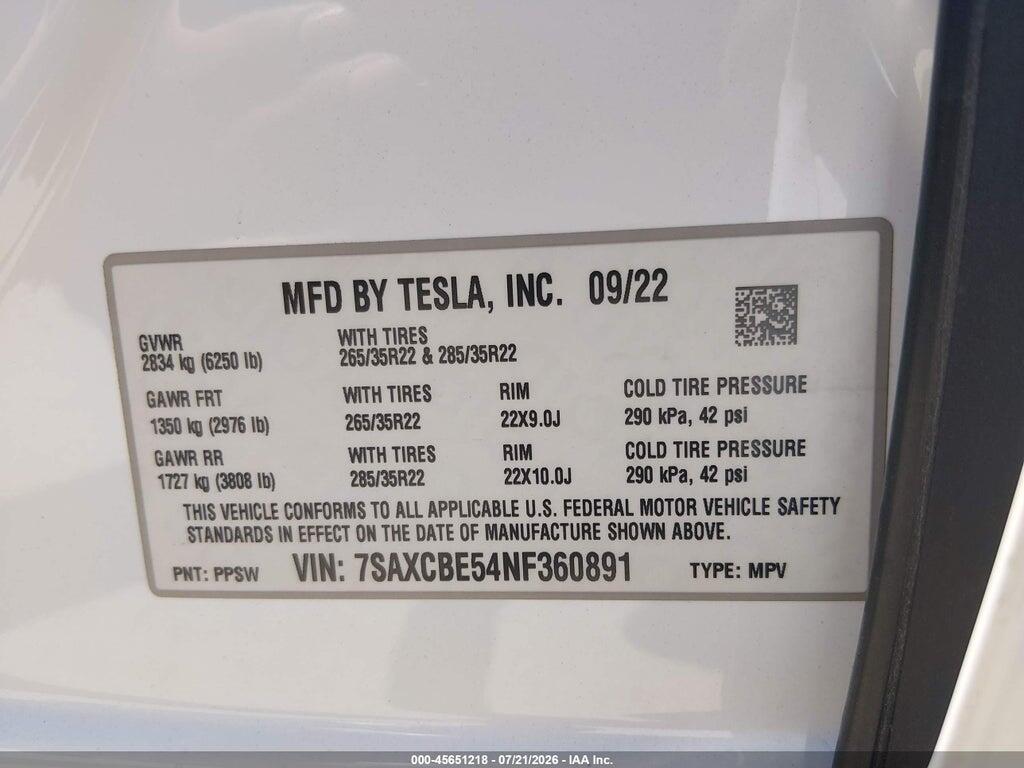 7SAXCBE54NF360891 2022 TESLA MODEL X photo no. 9