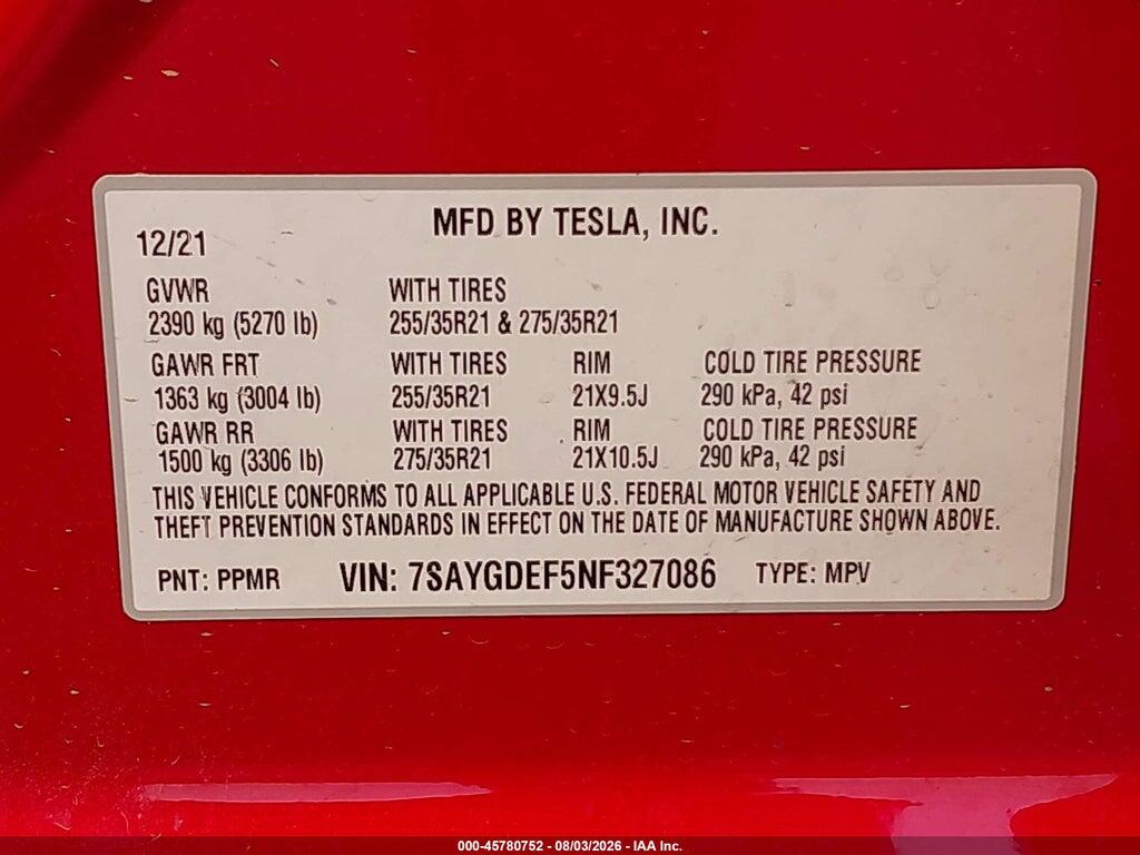 7SAYGDEF5NF327086 2022 TESLA MODEL Y photo no. 9