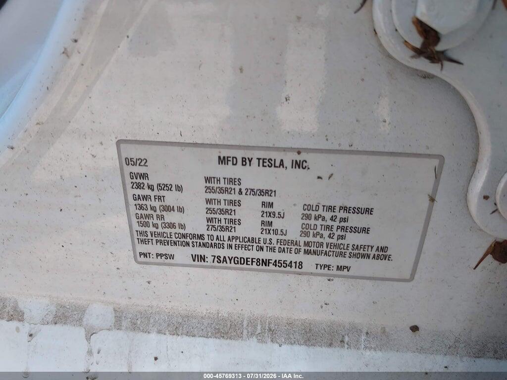 7SAYGDEF8NF455418 2022 TESLA MODEL Y photo no. 9