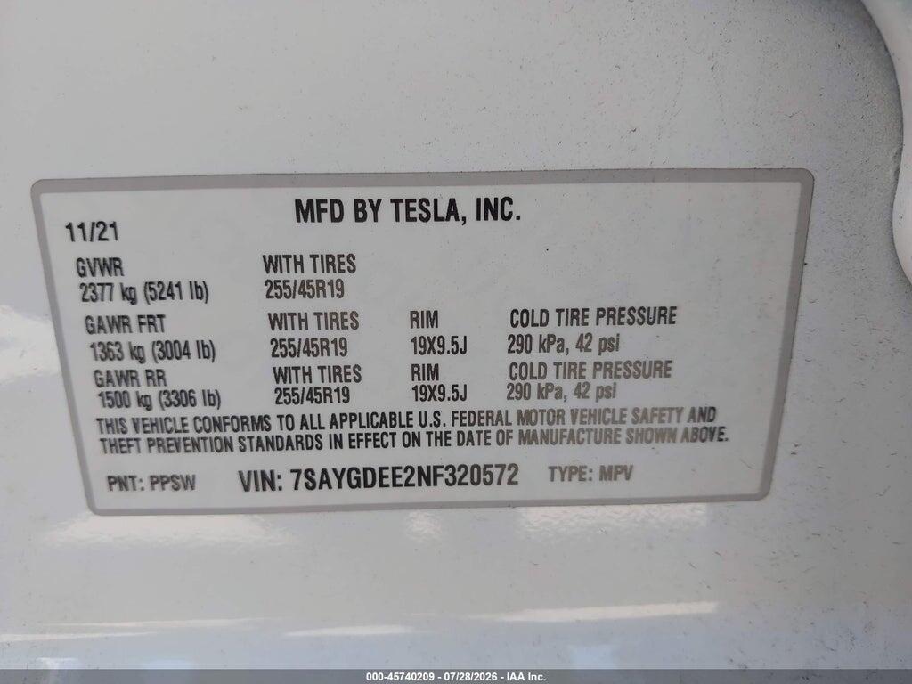 7SAYGDEE2NF320572 2022 TESLA MODEL Y photo no. 9