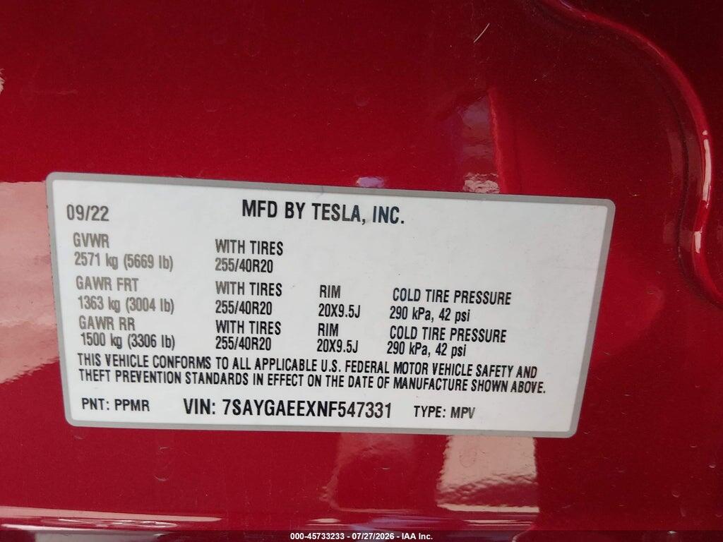 7SAYGAEEXNF547331 2022 TESLA MODEL Y photo no. 9