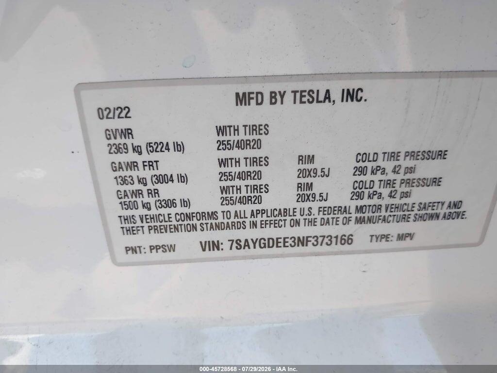 7SAYGDEE3NF373166 2022 TESLA MODEL Y photo no. 9