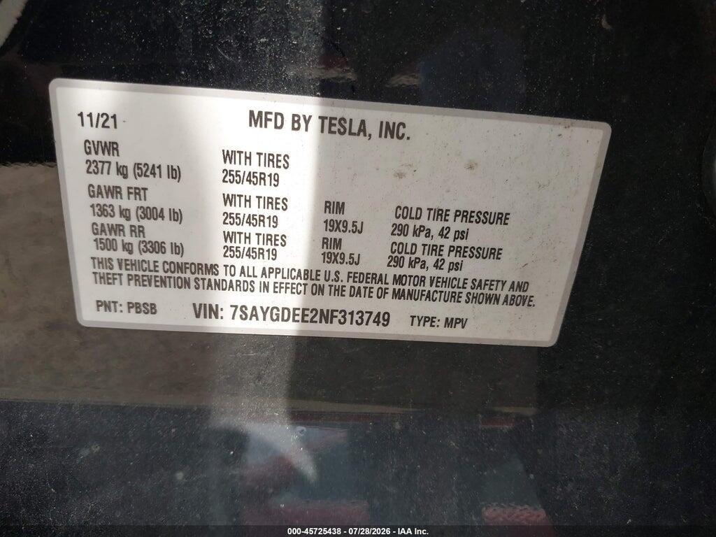7SAYGDEE2NF313749 2022 TESLA MODEL Y photo no. 9