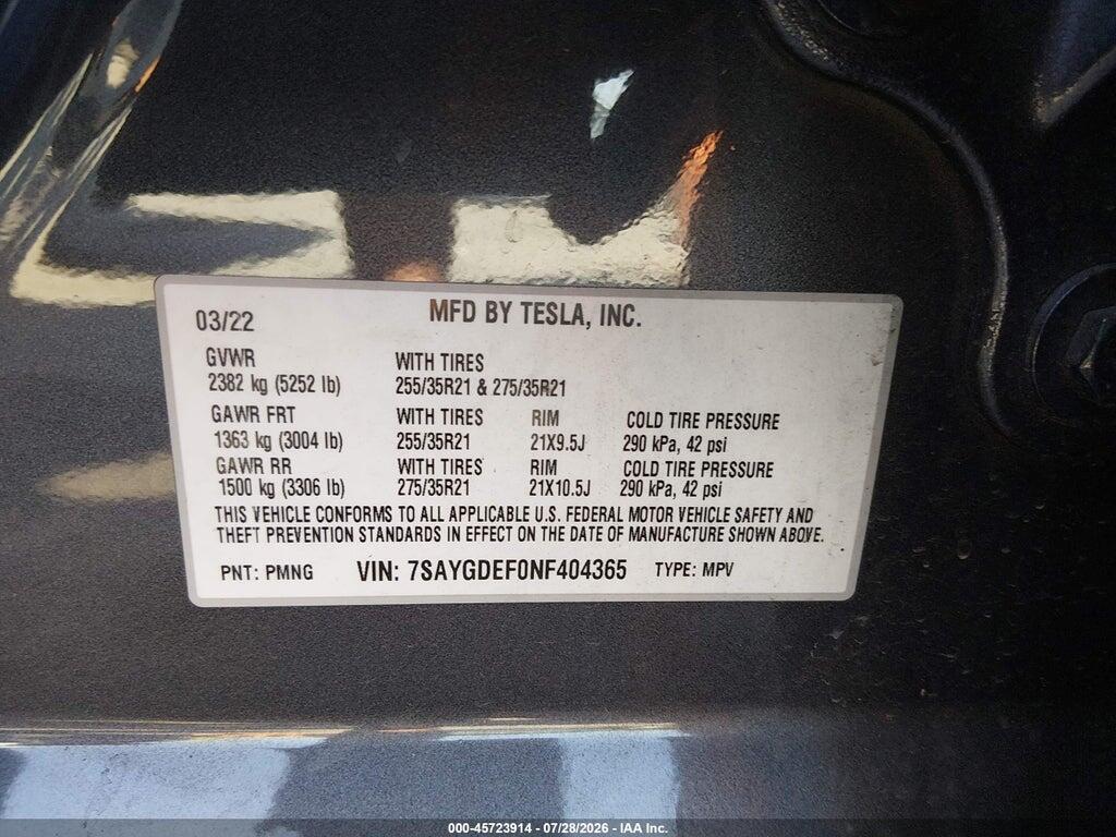 7SAYGDEF0NF404365 2022 TESLA MODEL Y photo no. 9