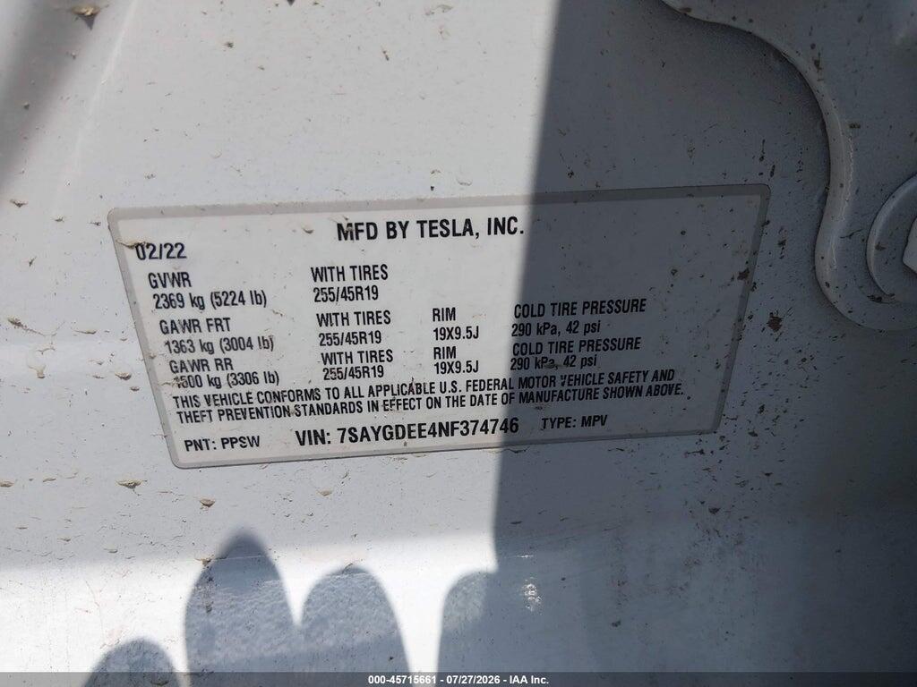 7SAYGDEE4NF374746 2022 TESLA MODEL Y photo no. 9