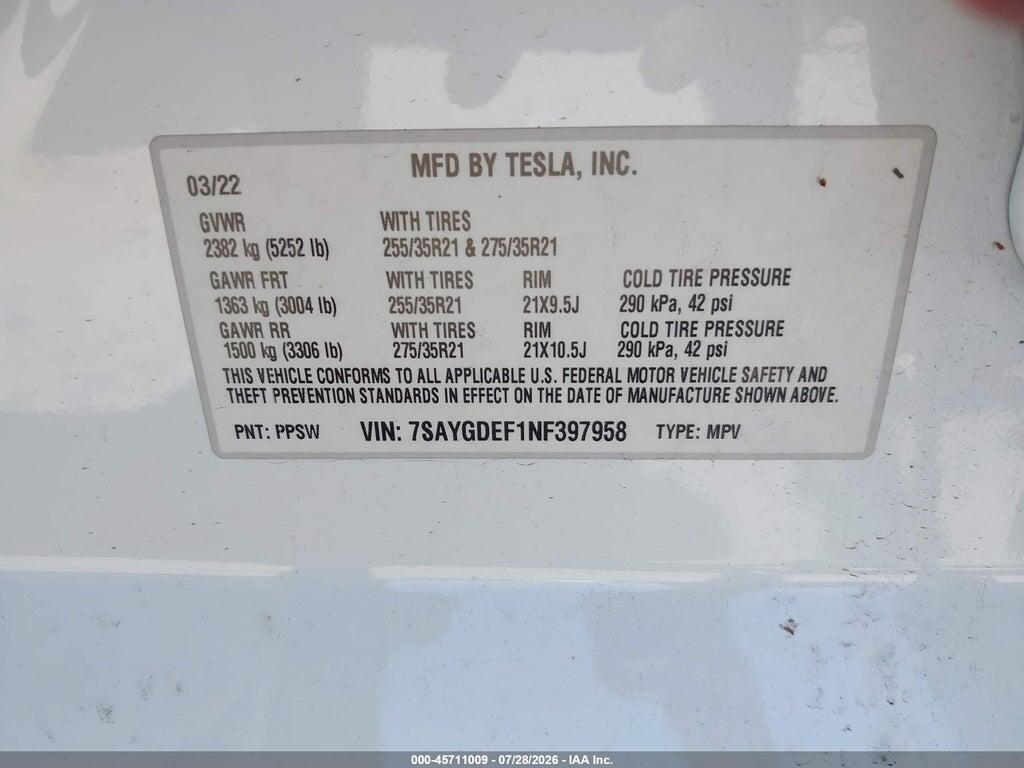 7SAYGDEF1NF397958 2022 TESLA MODEL Y photo no. 9