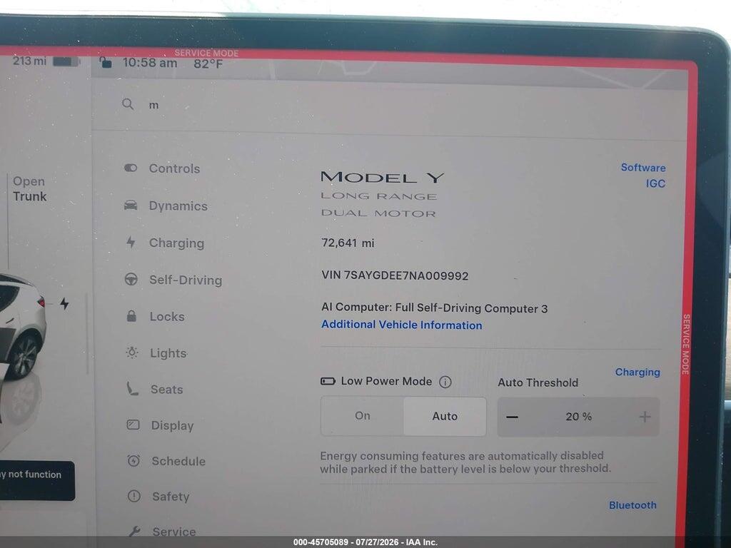 7SAYGDEE7NA009992 2022 TESLA MODEL Y photo no. 7