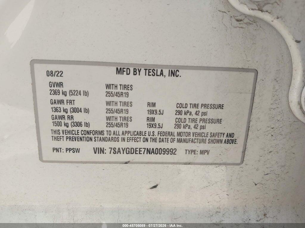 7SAYGDEE7NA009992 2022 TESLA MODEL Y photo no. 9