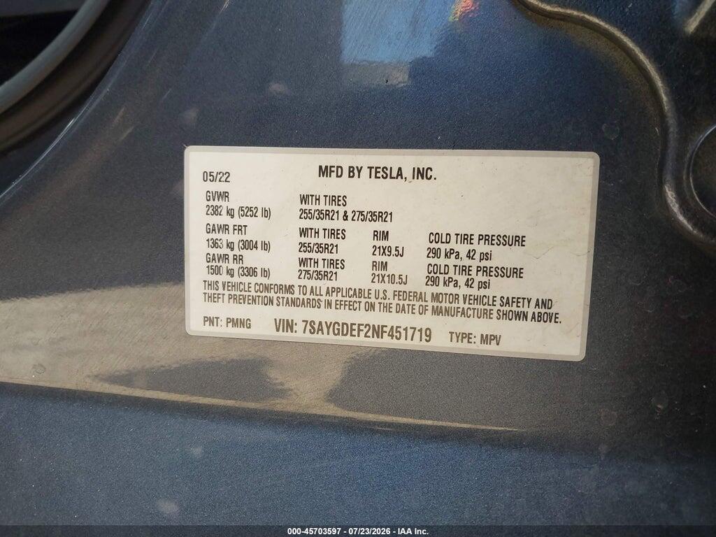 7SAYGDEF2NF451719 2022 TESLA MODEL Y photo no. 9
