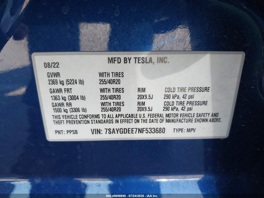 7SAYGDEE7NF533680 2022 TESLA MODEL Y photo no. 9