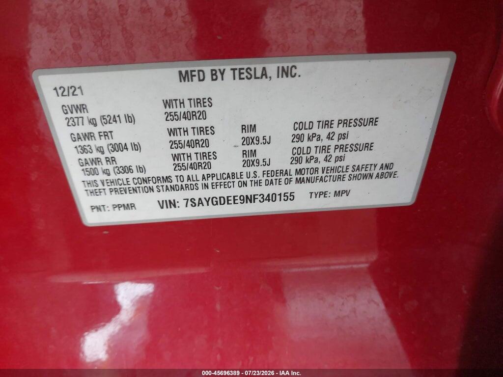 7SAYGDEE9NF340155 2022 TESLA MODEL Y photo no. 9