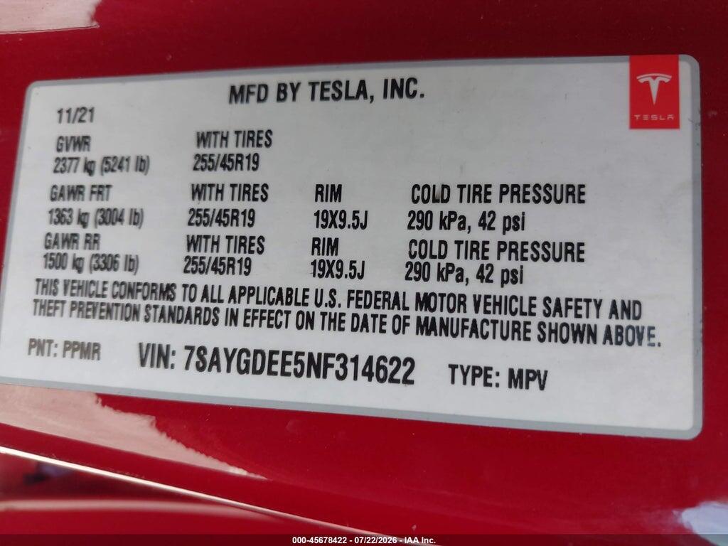 7SAYGDEE5NF314622 2022 TESLA MODEL Y photo no. 9
