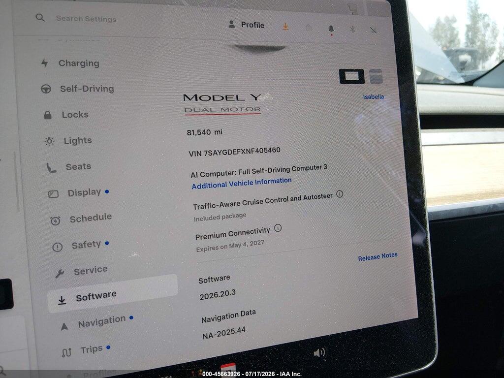 7SAYGDEFXNF405460 2022 TESLA MODEL Y photo no. 7