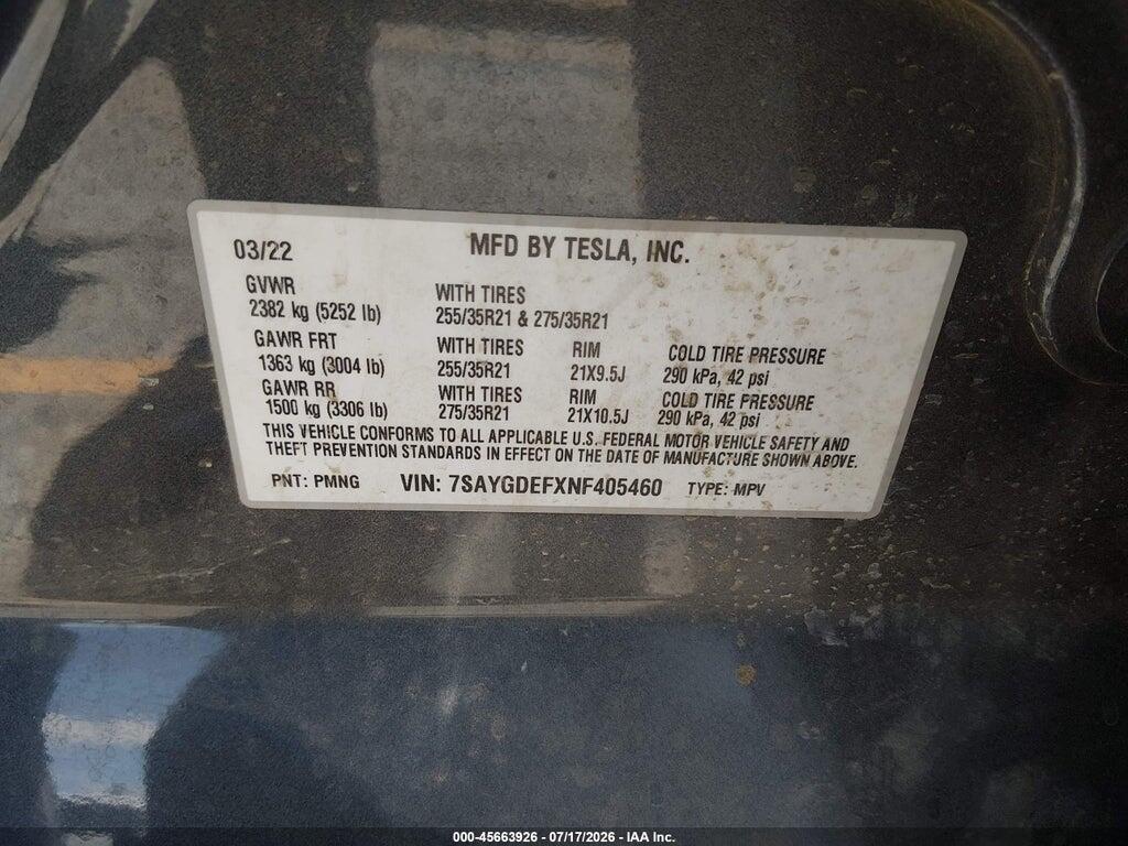 7SAYGDEFXNF405460 2022 TESLA MODEL Y photo no. 9