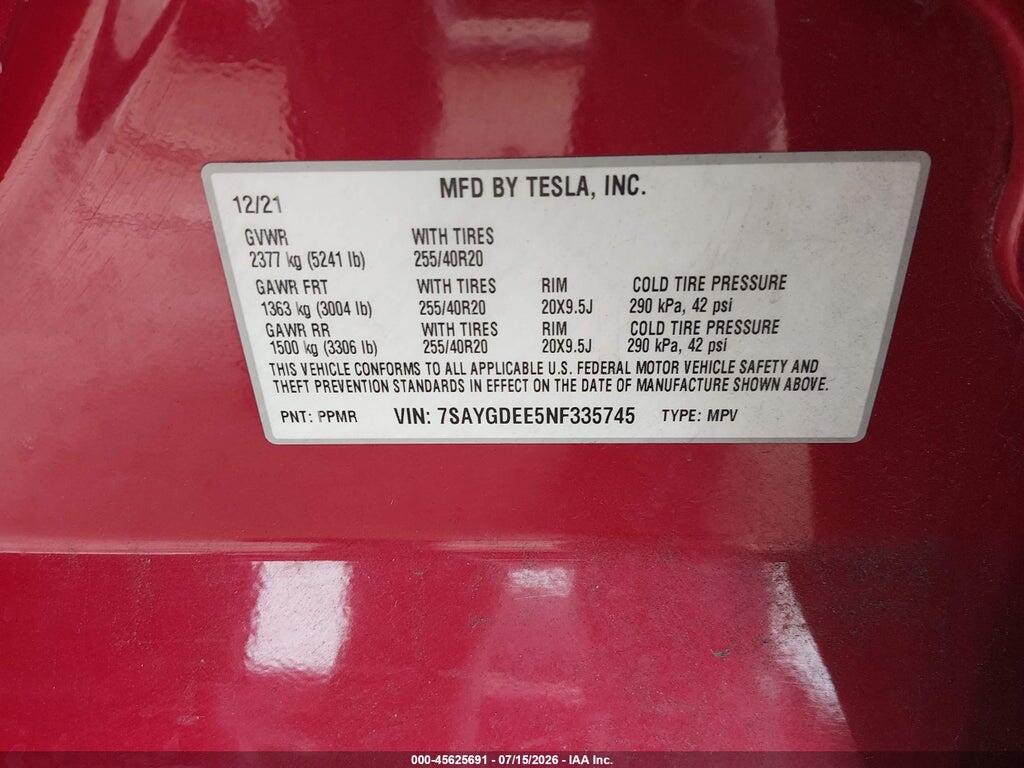 7SAYGDEE5NF335745 2022 TESLA MODEL Y photo no. 9