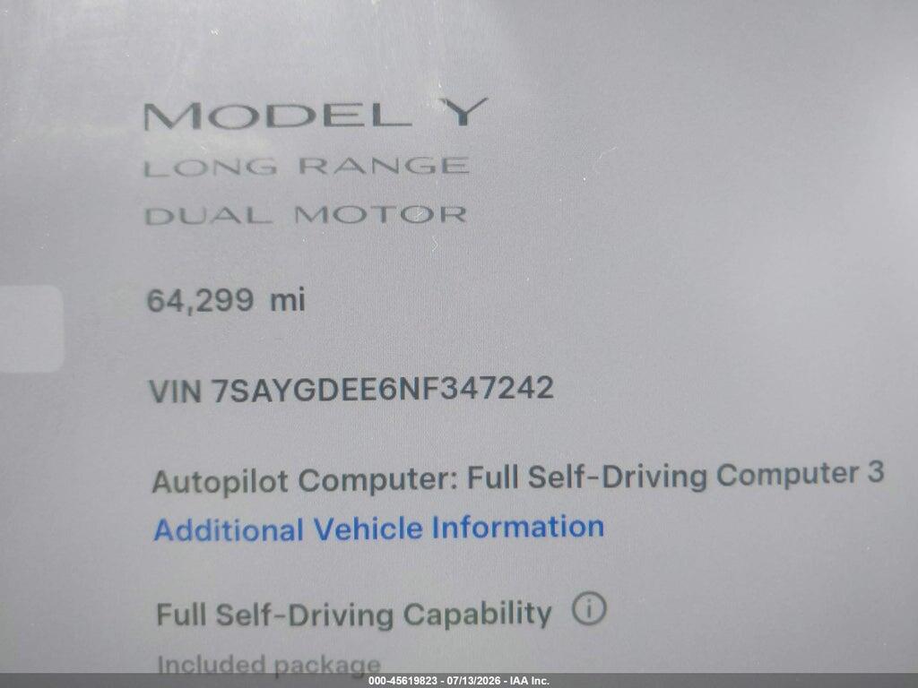 7SAYGDEE6NF347242 2022 TESLA MODEL Y photo no. 7