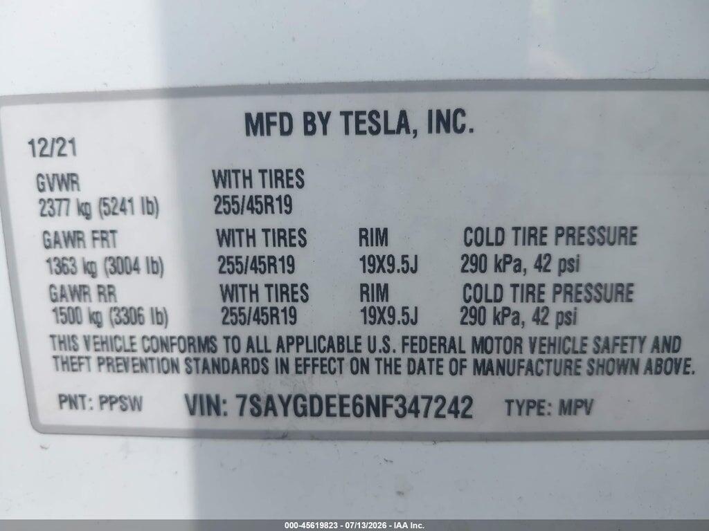 7SAYGDEE6NF347242 2022 TESLA MODEL Y photo no. 9