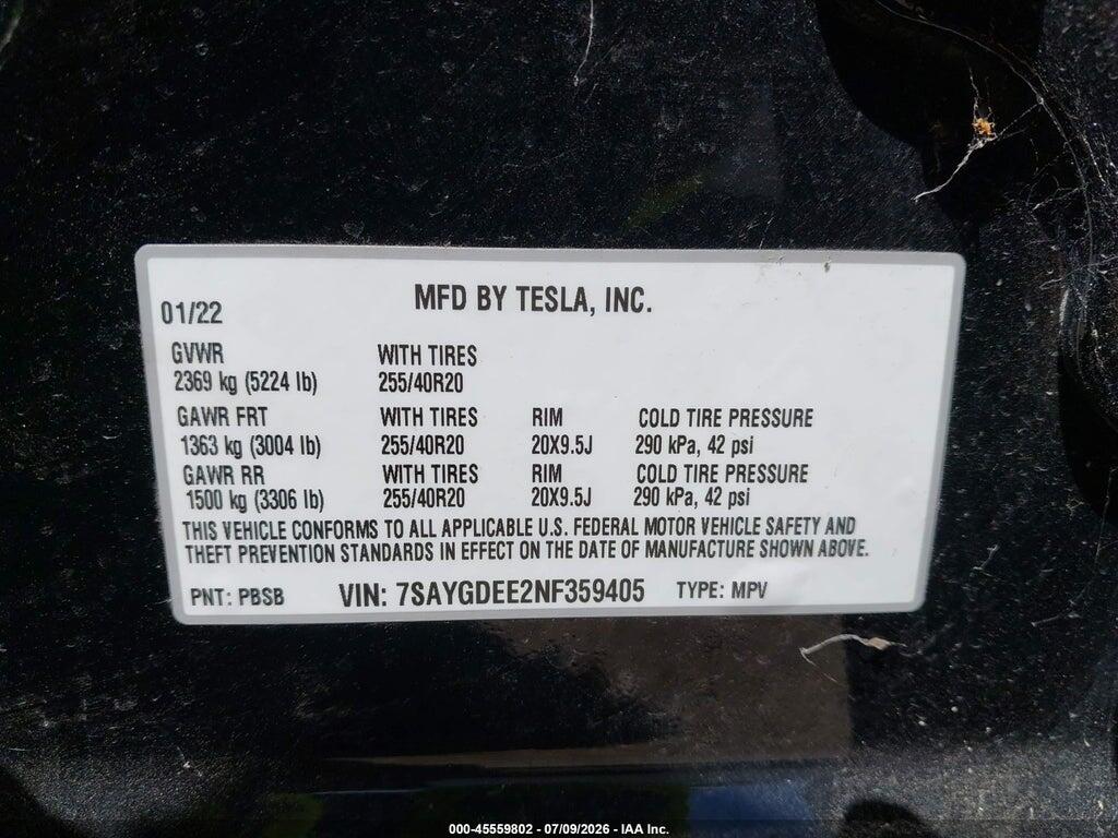 7SAYGDEE2NF359405 2022 TESLA MODEL Y photo no. 9