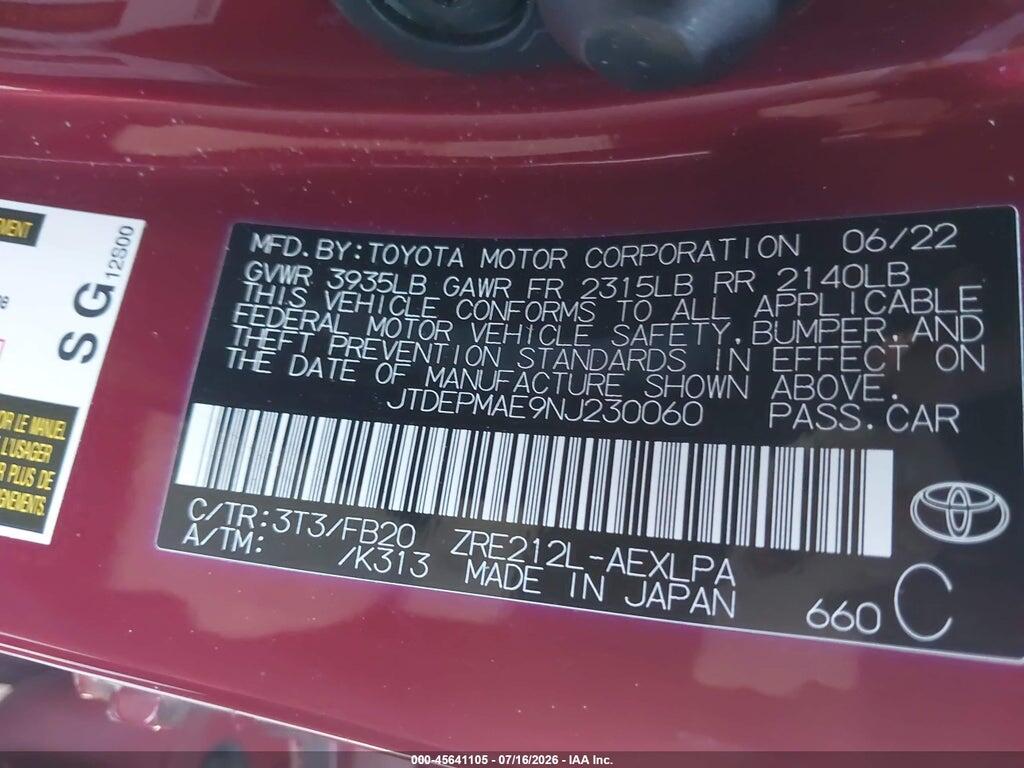 JTDEPMAE9NJ230060 2022 TOYOTA COROLLA photo no. 9
