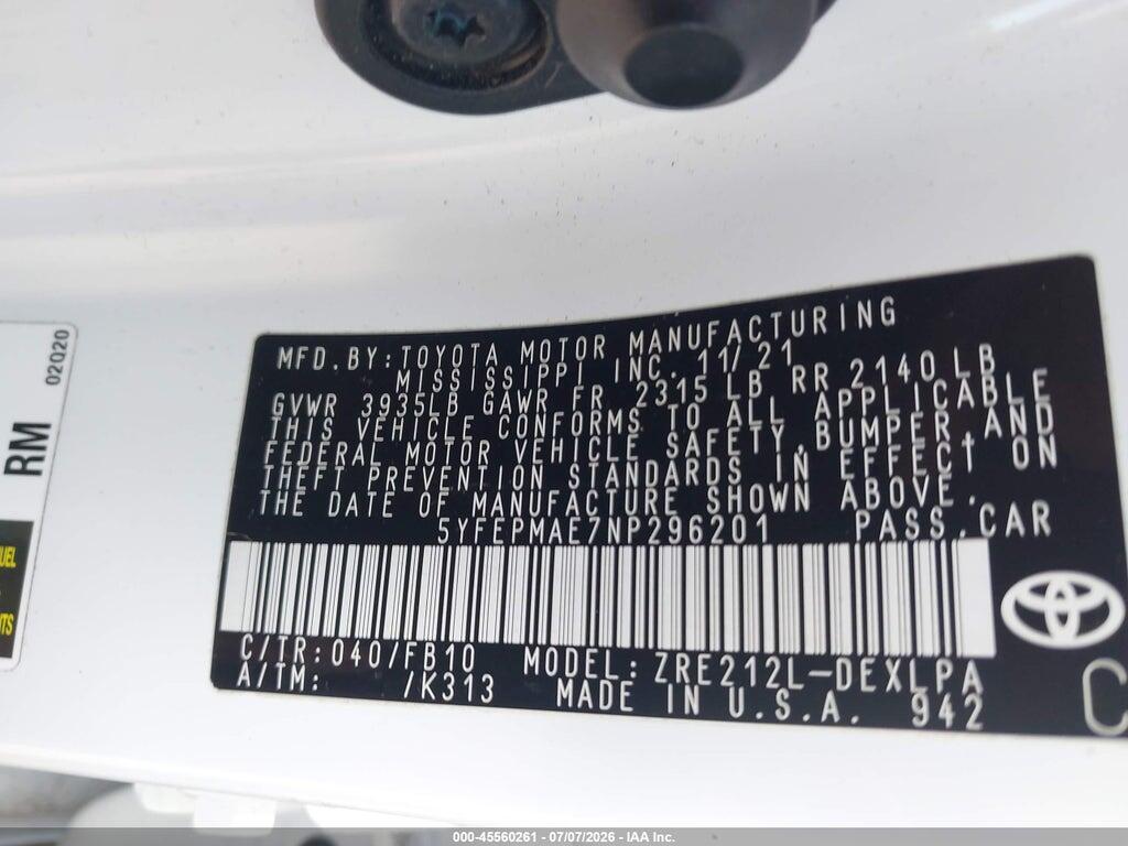 5YFEPMAE7NP296201 2022 TOYOTA COROLLA photo no. 9