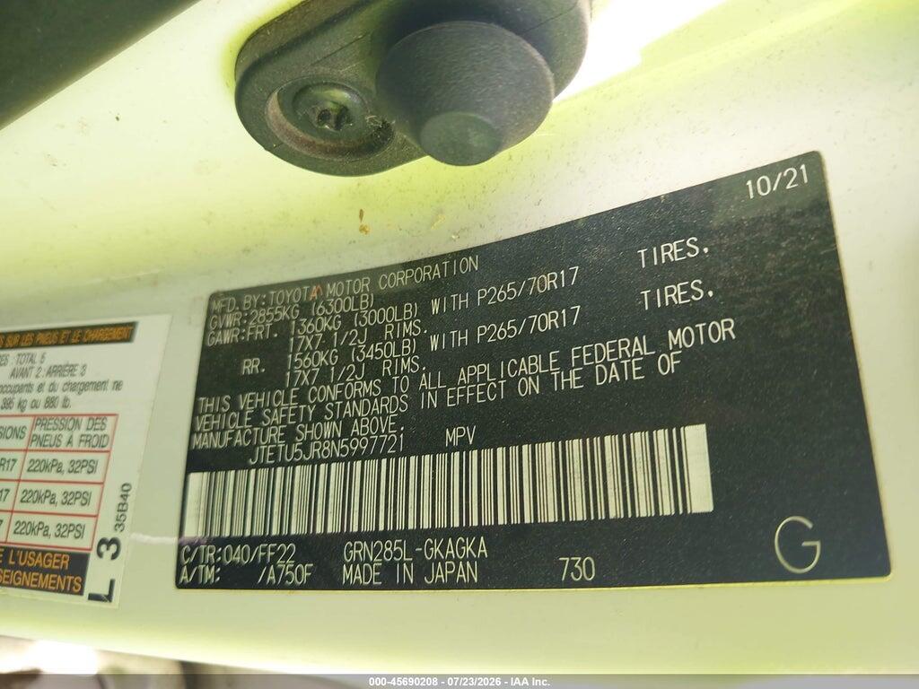 JTETU5JR8N5997721 2022 TOYOTA 4RUNNER photo no. 9