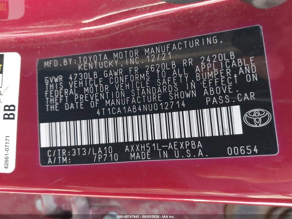 4T1CA1AB4NU012714 2022 TOYOTA AVALON photo no. 9
