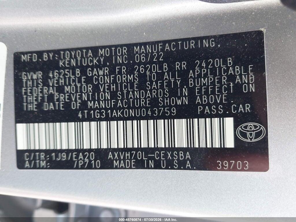 4T1G31AK0NU043759 2022 TOYOTA CAMRY photo no. 9