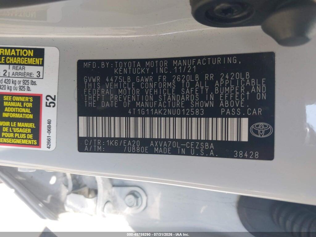 4T1G11AK2NU012583 2022 TOYOTA CAMRY photo no. 9