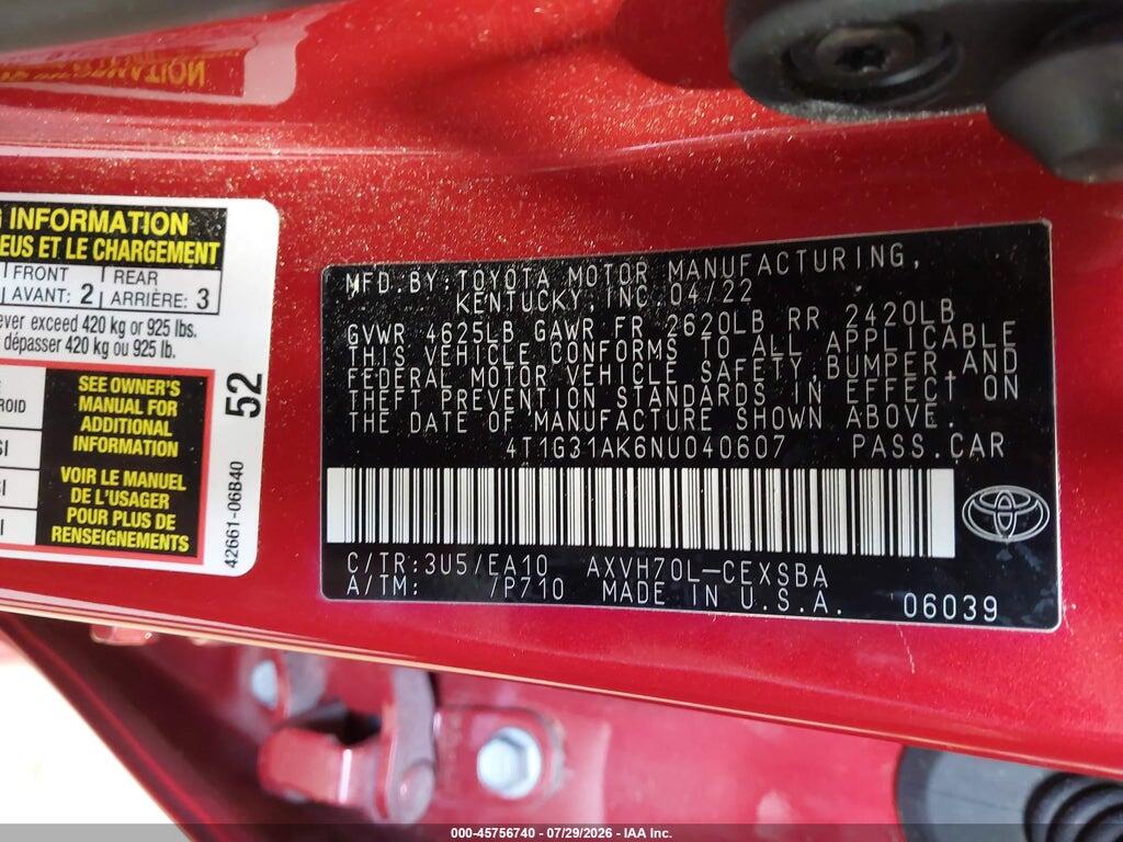 4T1G31AK6NU040607 2022 TOYOTA CAMRY photo no. 9