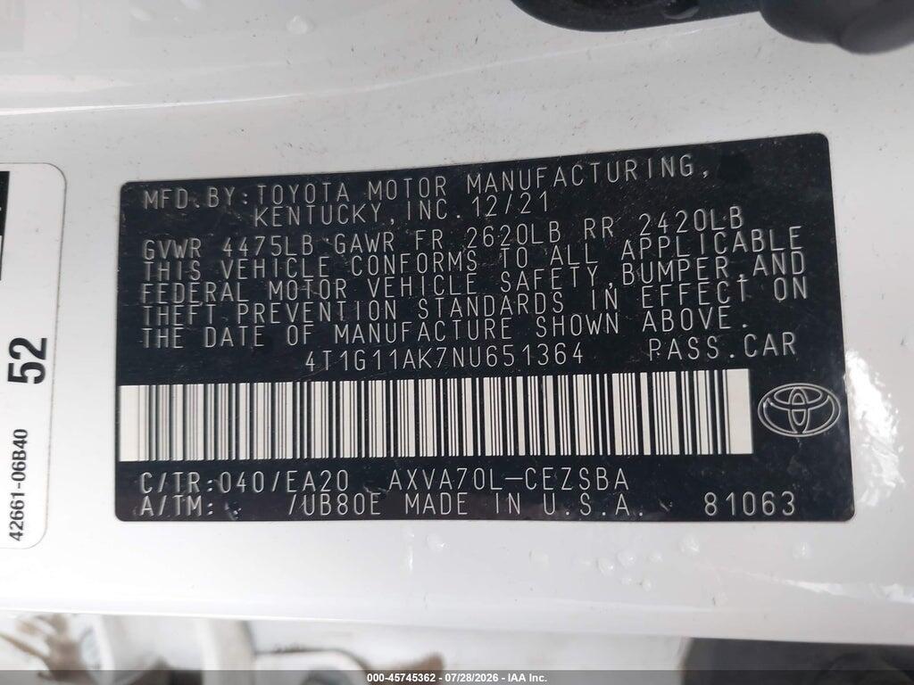 4T1G11AK7NU651364 2022 TOYOTA CAMRY photo no. 9