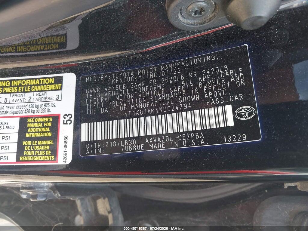 4T1K61AK4NU024794 2022 TOYOTA CAMRY photo no. 9
