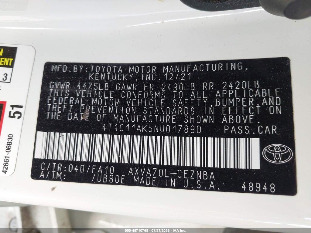 4T1C11AK5NU017890 2022 TOYOTA CAMRY photo no. 9