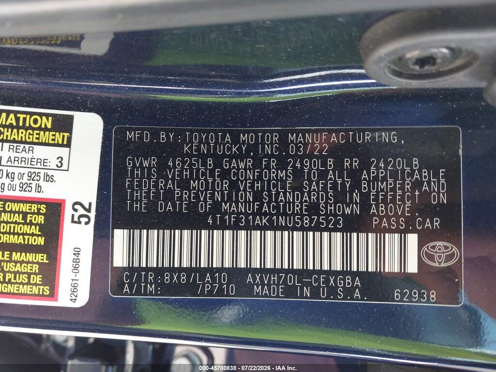 4T1F31AK1NU587523 2022 TOYOTA CAMRY photo no. 9