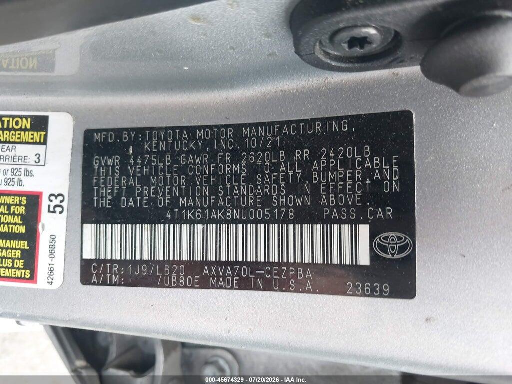 4T1K61AK8NU005178 2022 TOYOTA CAMRY photo no. 9